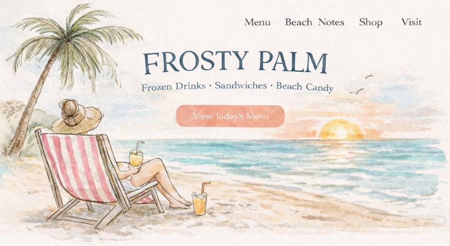 Frosty Palm — Beach chair scene with sunset